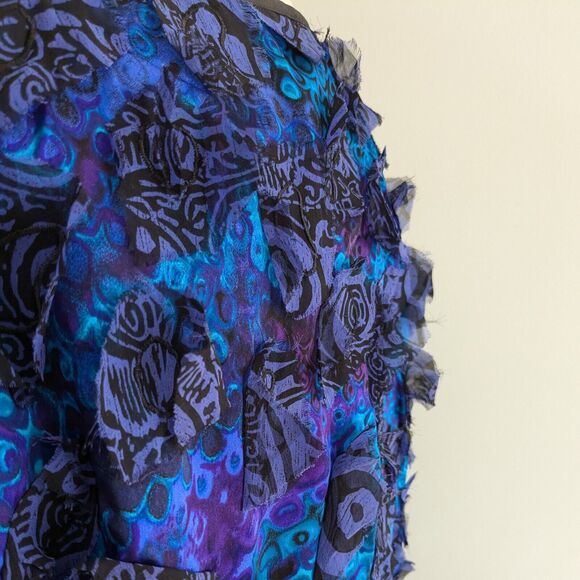 Vintage Chicos Silk Jacket Topper Blazer S Blue Black Art Eclectic Funky Floral - Picture 3 of 11